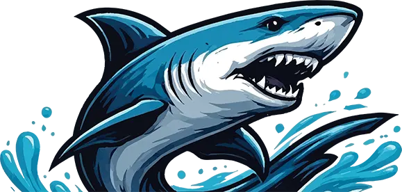 Shark themed brand graphic representing strength growth and strategic business partnership services